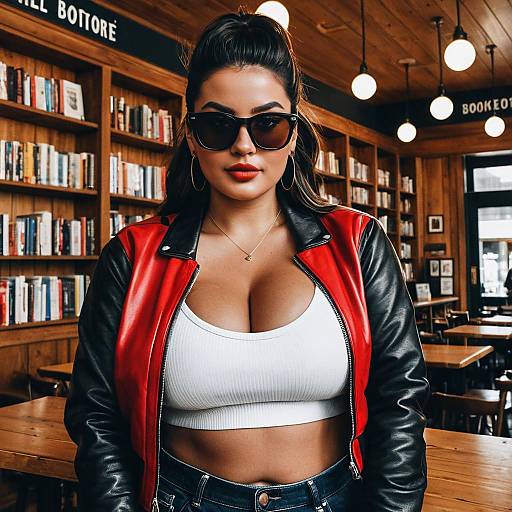 Woman in Red Leather Jacket in Bookstore Cafe