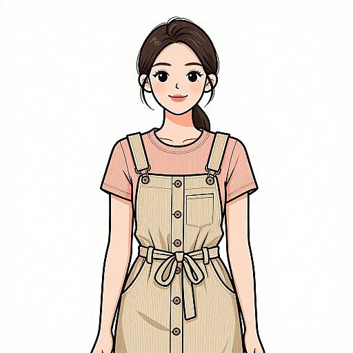 Digital illustration of an Asian woman with black hair in a ponytail, wearing a beige overalls dress over a pink shirt, smiling, against a white