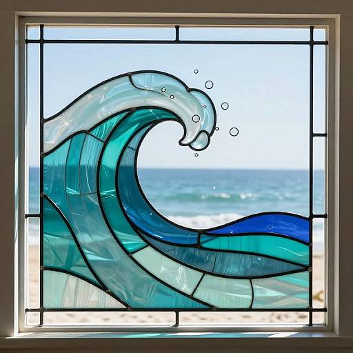 Stained glass art of a curling ocean wave with blue and turquoise hues, bubbles, and a beach background, framed in a dark wooden border.