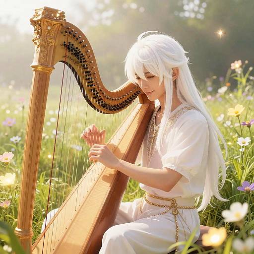 Digital artwork of a white-haired, elven woman playing a golden harp in a sunlit, floral meadow, wearing a white, embroidered dress