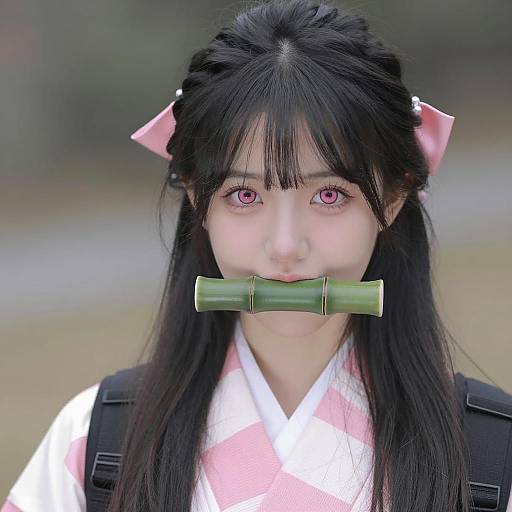 Asian Woman in Pink Kimono with Bamboo Object