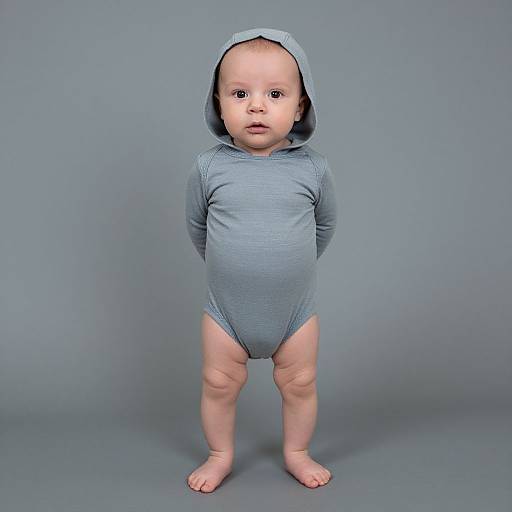 Photograph of a fair-skinned, wide-eyed baby standing barefoot against a gray background, wearing a light blue, hooded one-piece romper