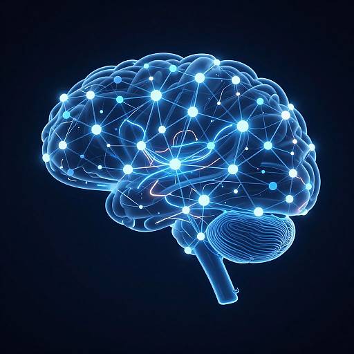 Digital CGI image of a glowing blue brain with bright white dots connected like a neural network, set against a black background.