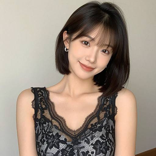 Photograph of a young Asian woman with straight black hair, wearing a black lace sleeveless top, smiling softly, against a plain white background.