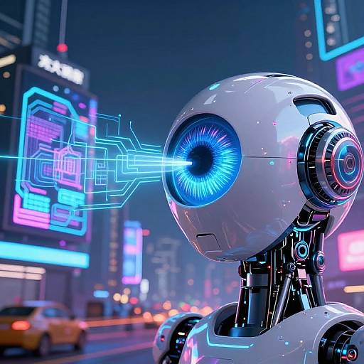 CGI image of a futuristic white robot with a glowing blue eye, emitting a digital circuitry beam, in a neon-lit, bustling city street