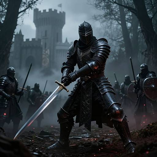 Photorealistic digital art of a knight in black armor, wielding a sword, surrounded by armed soldiers in a foggy, dark forest with a castle