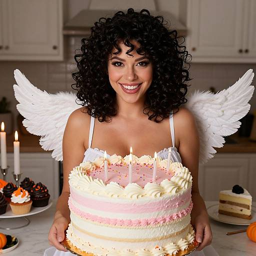 Photograph of a smiling woman with curly black hair, white angel wings, and a pink-and-white layered birthday cake in a kitchen.