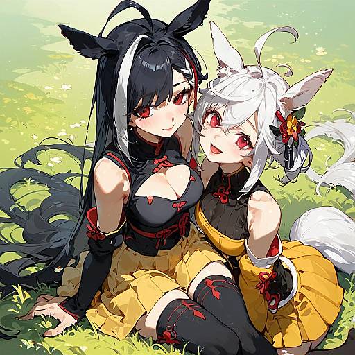 Anime Style Girls with Animal Ears Sitting on Grass