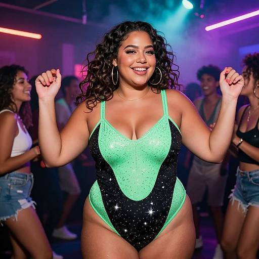 Photograph of a smiling, curvy woman with curly hair in a sparkling, green-and-black one-piece swimsuit, dancing in a dimly-l