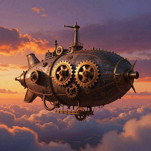 Steampunk airship with large gears, propellers, and a mast, soaring through a vibrant sunset sky filled with colorful clouds.