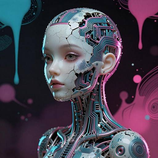 Cracked Porcelain Cyborg Woman in Neon