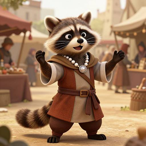 Photorealistic CGI of an adorable, anthropomorphic raccoon in medieval attire with a pearl necklace, standing cheerfully in a sunlit, bustling marketplace