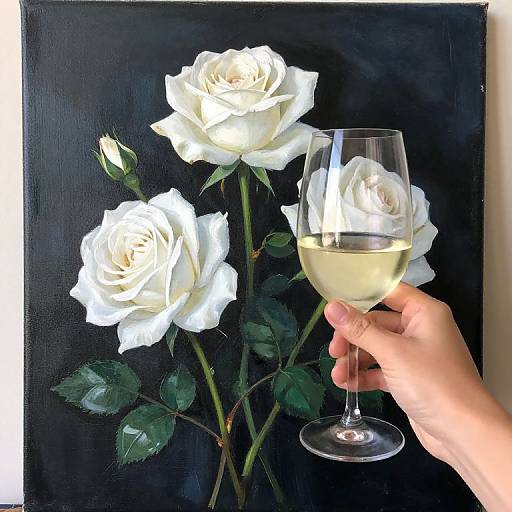 Photograph of a hand holding a glass of white wine, raised beside a realistic painting of three white roses with green leaves against a black background.