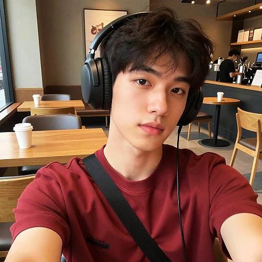 Young Asian man with short black hair, wearing a red t-shirt and black headphones, takes a selfie in a modern café.