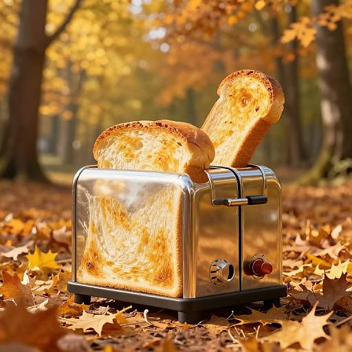 Photograph of a shiny stainless steel toaster with two golden-brown slices of toast, set on an autumn forest floor covered in orange and yellow leaves.