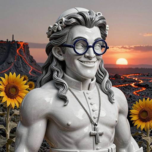 Photograph of a white, muscular, smiling statue with long hair, round glasses, and a cross necklace, set against a sunset landscape with sunflowers