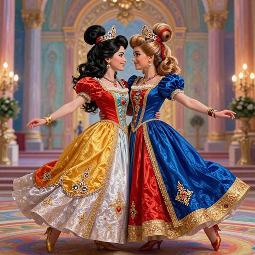 Digital artwork of two princesses in colorful ball gowns, tiaras, and jewelry, dancing in an ornate, grand hall with candles.