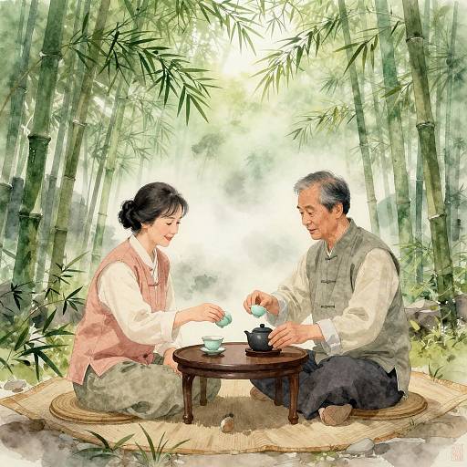 Watercolor painting of an elderly Asian couple sitting on a mat in a bamboo forest, playing tea ceremony, with a small table and teapot between them