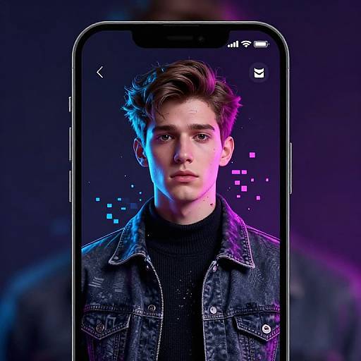 Photorealistic digital portrait of a young man with tousled brown hair, wearing a denim jacket over a black turtleneck, displayed on a smartphone