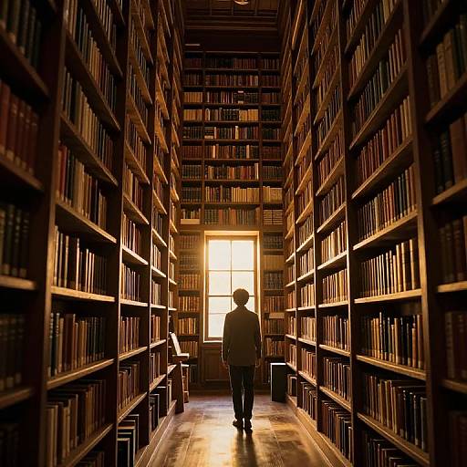 Solitary Figure in Glowing Library