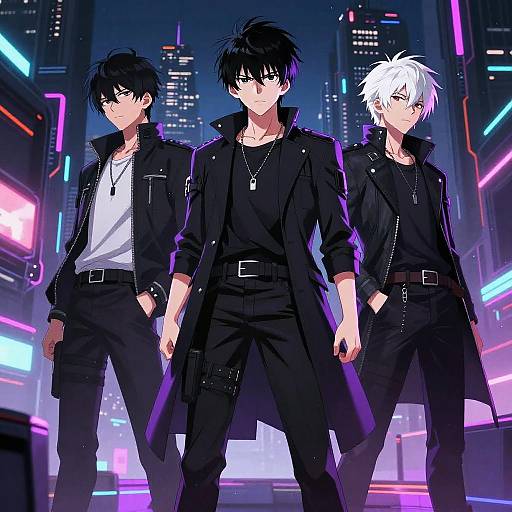 Digital anime artwork of three stylish men with black and white hair in black coats and jeans, standing confidently in a neon-lit futuristic cityscape.