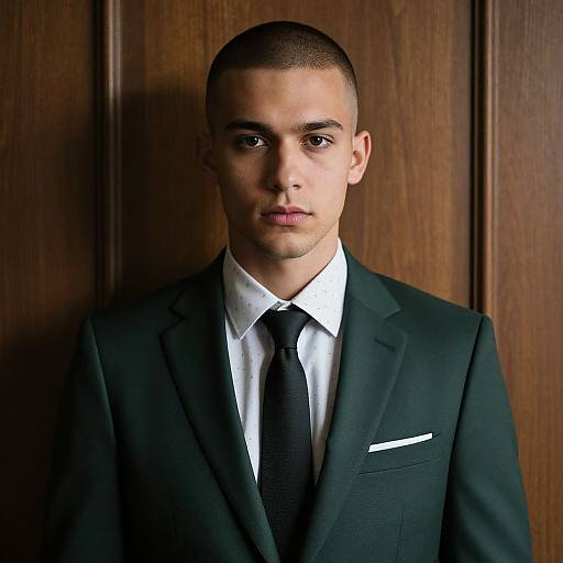 Photograph of a young man with short, dark hair, light skin, and serious expression, wearing a dark green suit, white shirt, black tie
