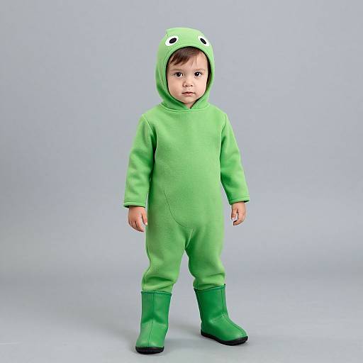 Photograph of a young child with light skin, brown hair, wearing a green frog-themed onesie with matching boots, standing against a light gray background