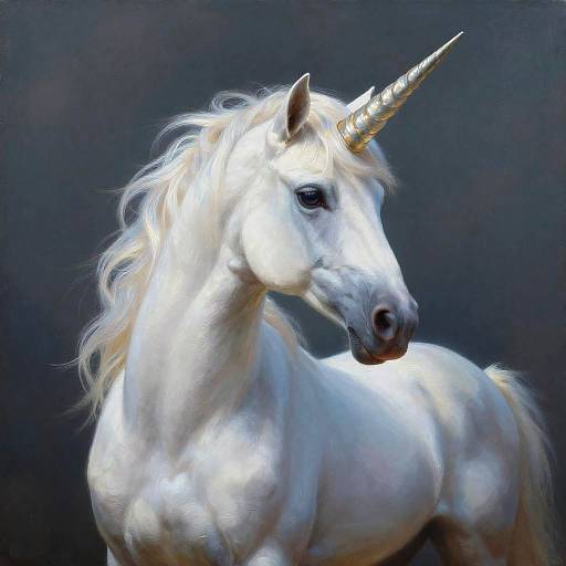 Photograph of a majestic white unicorn with a shimmering golden horn, flowing mane, and dark background, highlighting its ethereal beauty.