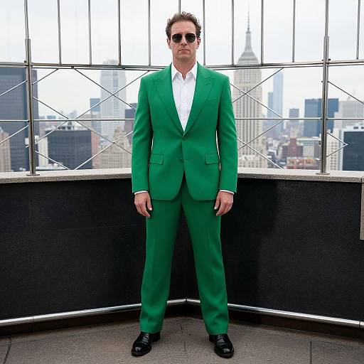 Photograph of a man in a bright green suit, white shirt, black shoes, and sunglasses, standing on a rooftop with city skyline and large windows