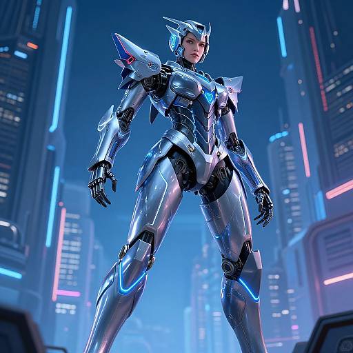 CGI image of a futuristic, silver robotic woman with glowing blue accents, standing confidently in a neon-lit, cyberpunk cityscape.