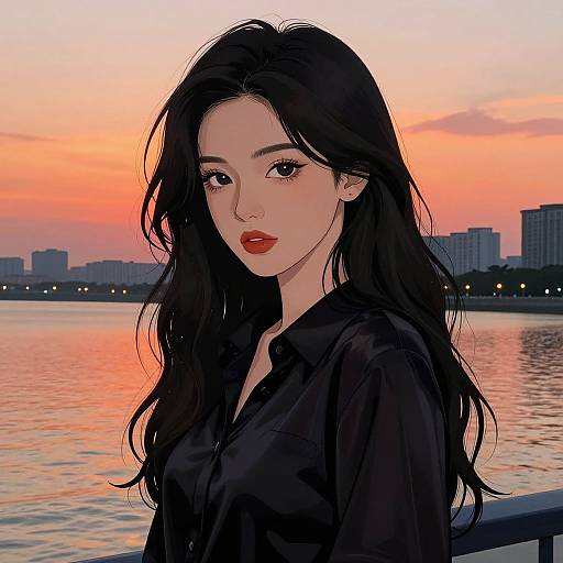 Digital anime-style portrait of a beautiful Asian woman with long black hair, red lipstick, wearing a black shirt, against a sunset-lit waterfront cityscape