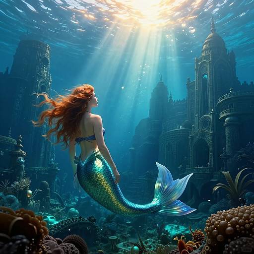 Photorealistic digital art: Red-haired mermaid with blue-green scales, flowing hair, and shimmering tail, swims beneath sunlit, ancient underwater