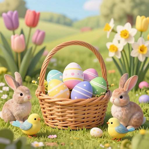 Photograph of a sunny field with two fluffy bunnies, colorful Easter eggs in a woven basket, and pastel chicks among blooming tulips