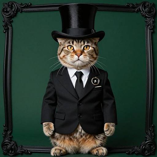Photograph of a tabby cat wearing a black top hat and formal black suit with a white shirt and tie, standing against a dark green background in