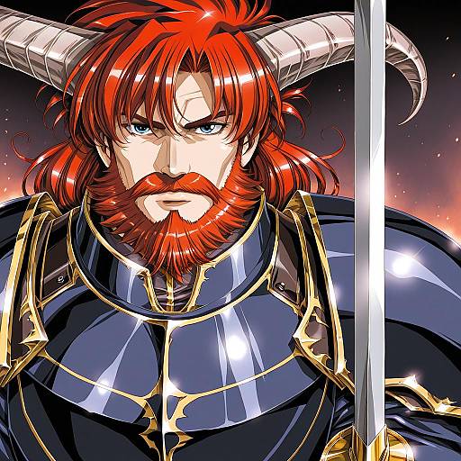 Digital anime-style artwork of a muscular, red-haired demon warrior with horns, blue eyes, and a red beard, holding a sword. He wears dark