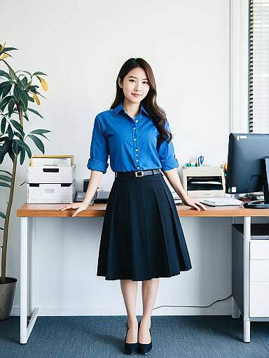 Asian Woman in Blue Shirt and Black Skirt in Office