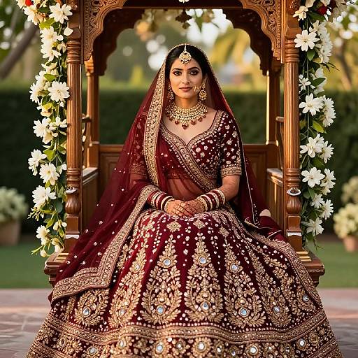 Photograph of an Indian bride in a rich burgundy and gold traditional lehenga, adorned with intricate embroidery, seated on a wooden archway decorated with