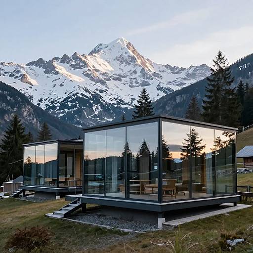 Modern glass house with reflective windows in a mountainous landscape, showcasing a snowy peak at sunset. Clear sky, pine trees, and grassy foreground.