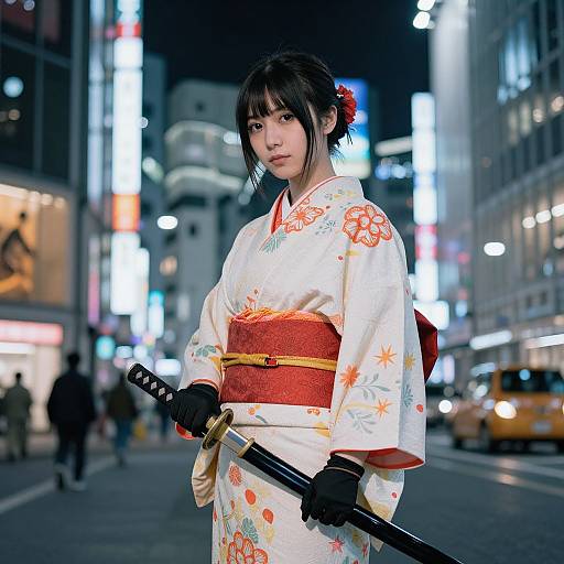 Photograph of an Asian woman in a white floral kimono with red obi, black gloves, and holding a katana, standing on a brightly