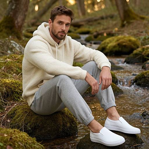 Photograph of a bearded man with short brown hair, wearing a white hoodie, gray pants, and white sneakers, sitting on a moss-covered rock