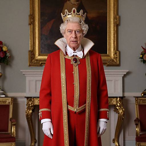 Photograph of an elderly white man with white hair, wearing a red and gold royal robe, white gloves, crown, and white collar, standing in