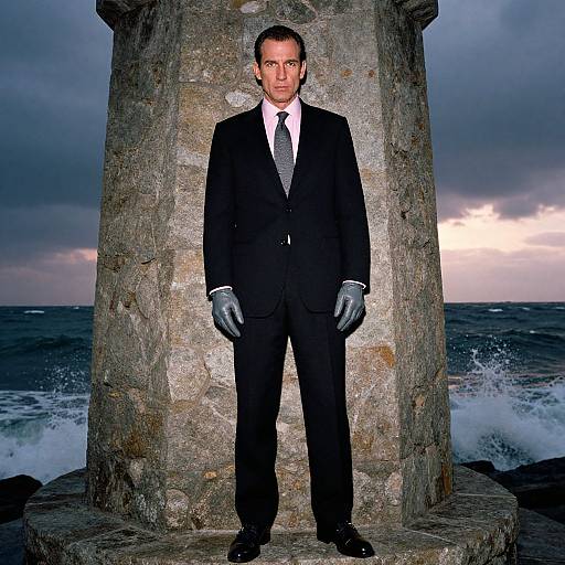Photograph of a man in a black suit, white shirt, black tie, and black gloves standing in front of a stone lighthouse against a storm