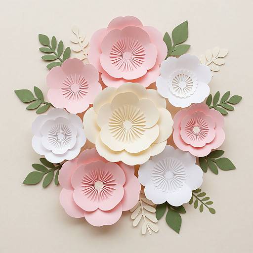 Photograph of a paper bouquet featuring pink, white, and cream flowers with green leaves, arranged in a circular pattern.