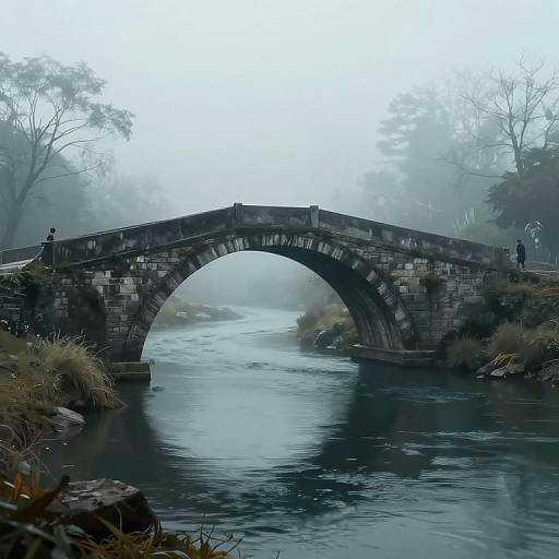 Photograph of a misty, stone arch bridge spanning a calm river, with two figures walking on it, surrounded by foggy, leafless trees