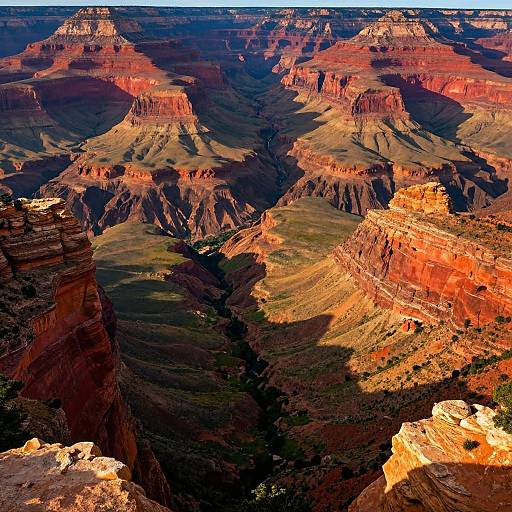 Photograph of a vast, sunlit Grand Canyon landscape with vibrant red, orange, and yellow rock formations, steep cliffs, and shadowed valleys.