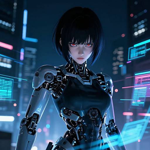 CGI cyberpunk image of a fierce, red-eyed, black-haired female android with glowing blue holographic interfaces in a neon-lit cityscape.