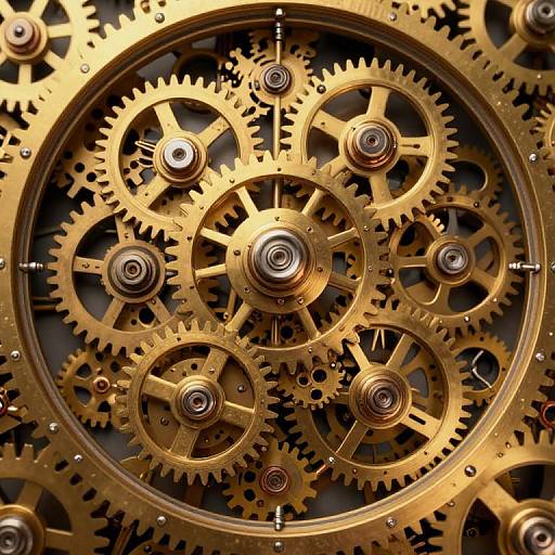 Photograph of intricate golden gears and cogs with various sizes, interlocking in a circular pattern, showcasing detailed metalwork and mechanical precision.