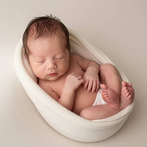 Photograph of a sleeping baby with closed eyes, dark hair, and wearing a white diaper, nestled in a white textured basket.