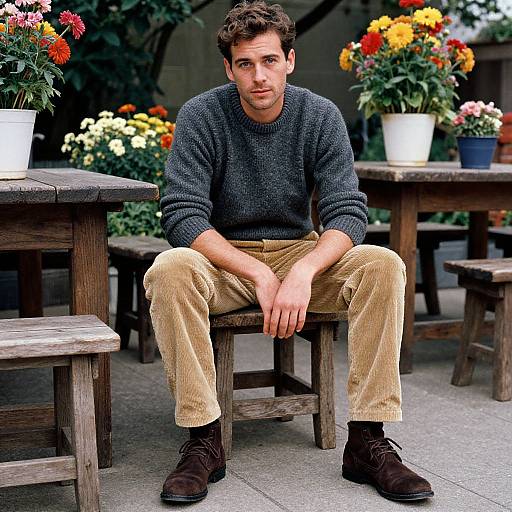 Photograph of a young man with short brown hair, wearing a gray sweater, beige pants, and brown boots, sitting on a wooden bench surrounded by