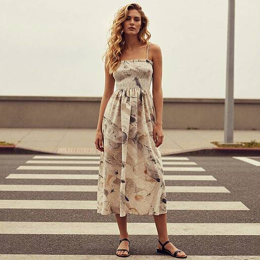 Photograph of a blonde woman with wavy hair in a sleeveless, floral, knee-length dress standing on a pedestrian crosswalk.